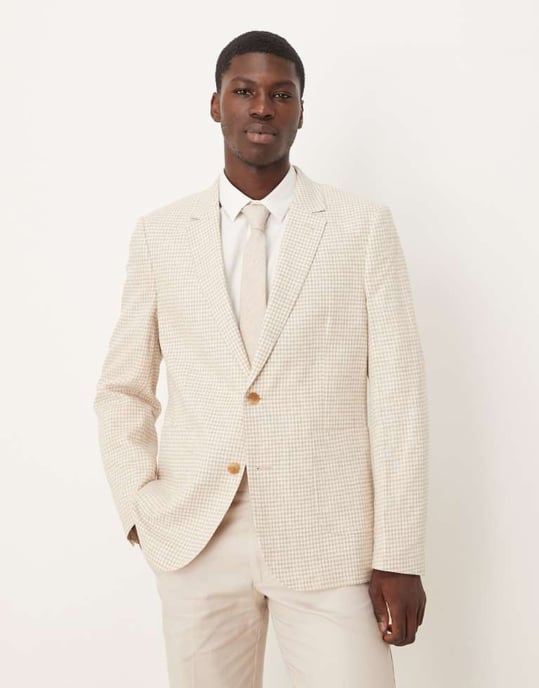 ASOS DESIGN linneblandning slim blazer i stenrutigt mönster - Image 1