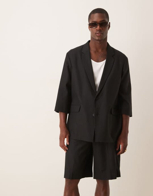 ASOS DESIGN linnemix kortärmad kostymjacka i svart - Image 2