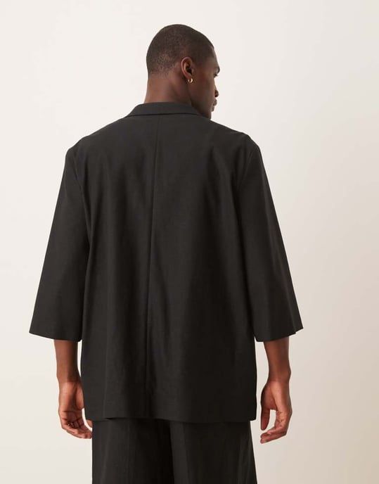ASOS DESIGN linnemix kortärmad kostymjacka i svart - Image 4