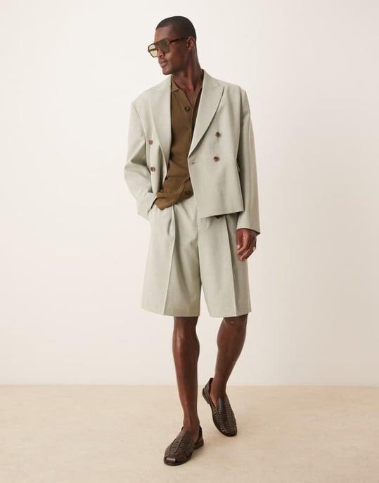 ASOS DESIGN linne-look boxig kostymjacka i salvia grön - Image 2