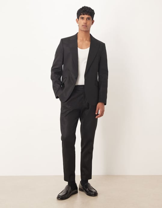 ASOS DESIGN slim passform kavaj med linne i svart glans - Image 2