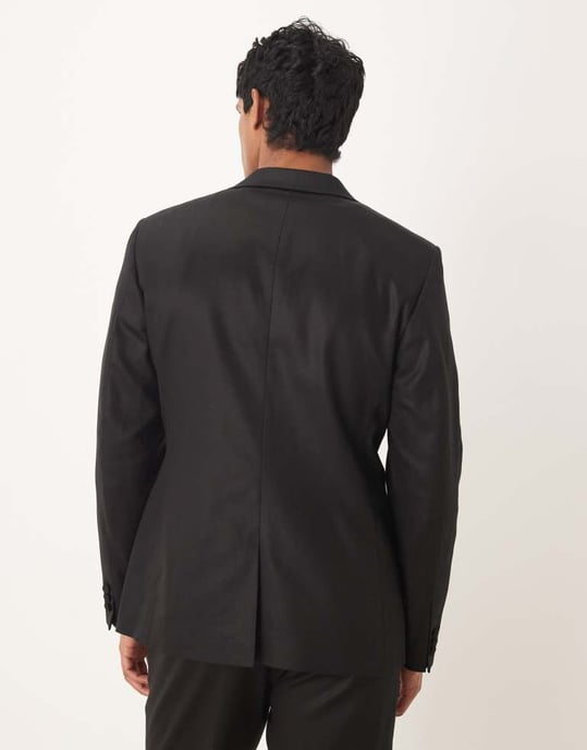 ASOS DESIGN slim passform kavaj med linne i svart glans - Image 3