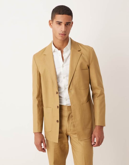 ASOS DESIGN bomull- och linneblandning regular kavaj i kamel twill - Image 1