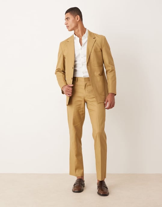 ASOS DESIGN bomull- och linneblandning regular kavaj i kamel twill - Image 2