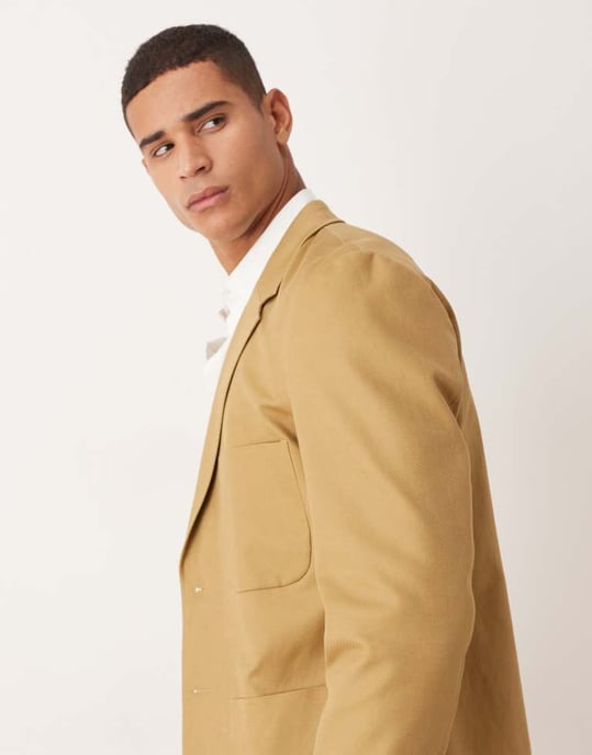 ASOS DESIGN bomull- och linneblandning regular kavaj i kamel twill - Image 4