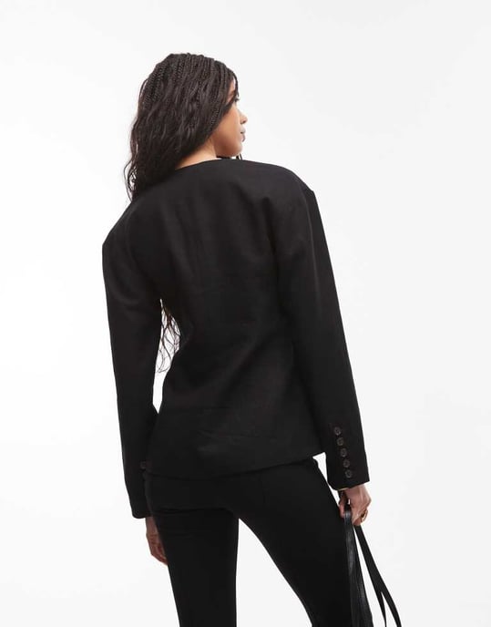 Topshop kragefri linneblazer med ovoida ärmar i svart - Image 2