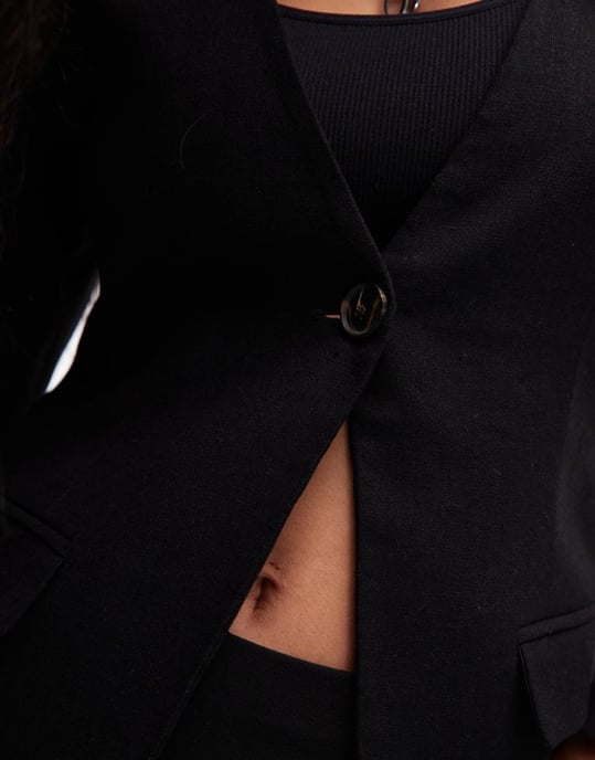 Topshop kragefri linneblazer med ovoida ärmar i svart - Image 3