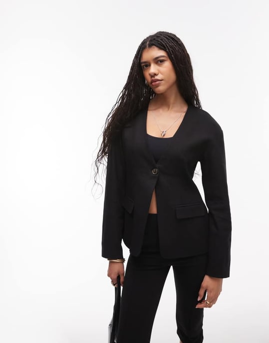 Topshop kragefri linneblazer med ovoida ärmar i svart - Image 4