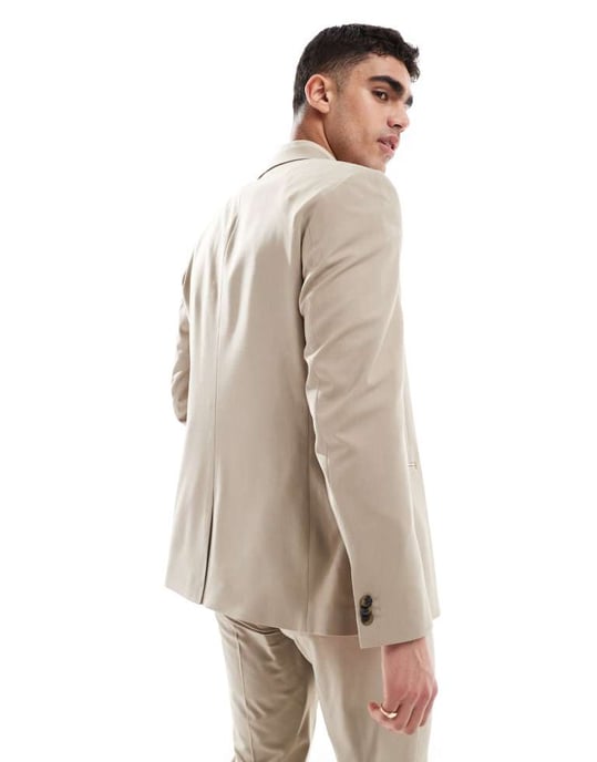 ASOS DESIGN tvättbar slim fit kavaj i lätt worsted ull i neutral färg - Image 2
