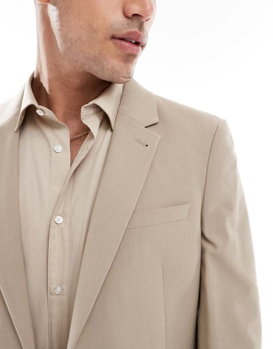 ASOS DESIGN tvättbar slim fit kavaj i lätt worsted ull i neutral färg - Image 3