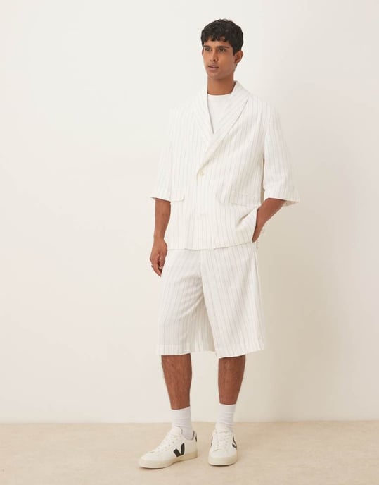 ASOS DESIGN linneblandning slouchy oversized kostymjacka i vit randig - Image 2