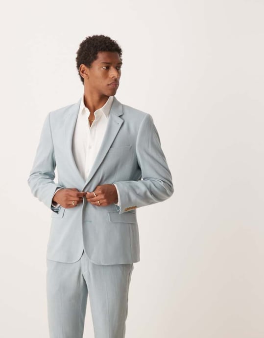 ASOS DESIGN smal kostymjacka i ljust blått linne med mikrotäckning - Image 1