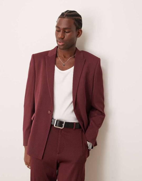 ASOS DESIGN regular kavaj i vinröd ribbad tyg - Image 3