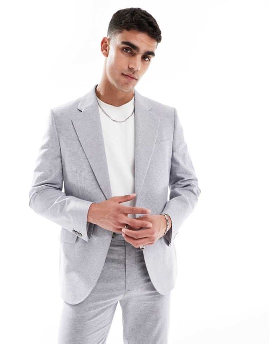 ASOS DESIGN linneblandning slim passform kavaj i grått hundtandsmönster - Image 1