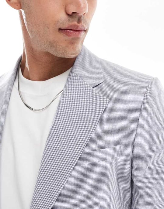 ASOS DESIGN linneblandning slim passform kavaj i grått hundtandsmönster - Image 3