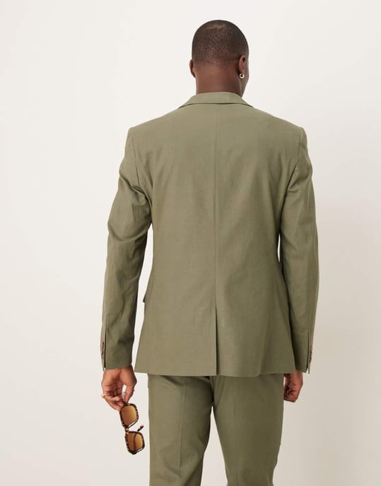 ASOS DESIGN linneblandning slim fit kostymjacka i oliv - Image 3