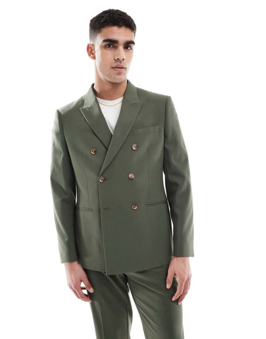 ASOS DESIGN dubbelknäppt slim passform kavaj i mörkgrön - Image 1