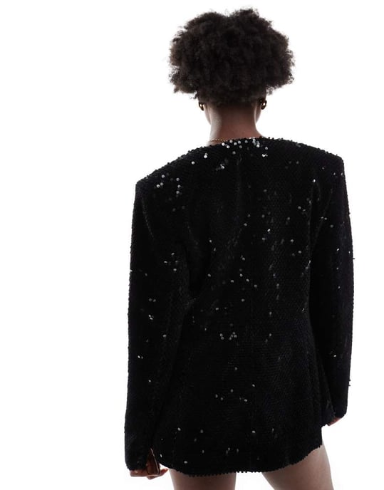 ASOS DESIGN kragefri blaser med insvängd midja i sammet och paljetter i svart - Image 3