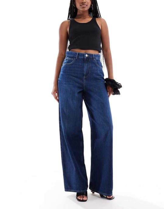 ENDAST Paulina hög midja baggy jeans i mörkblå denim - Image 1