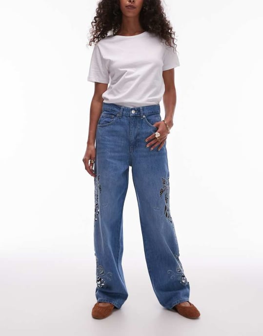 Topshop Kolumnmidja jeans med utskärningsdetaljer i mellanblå - Image 1