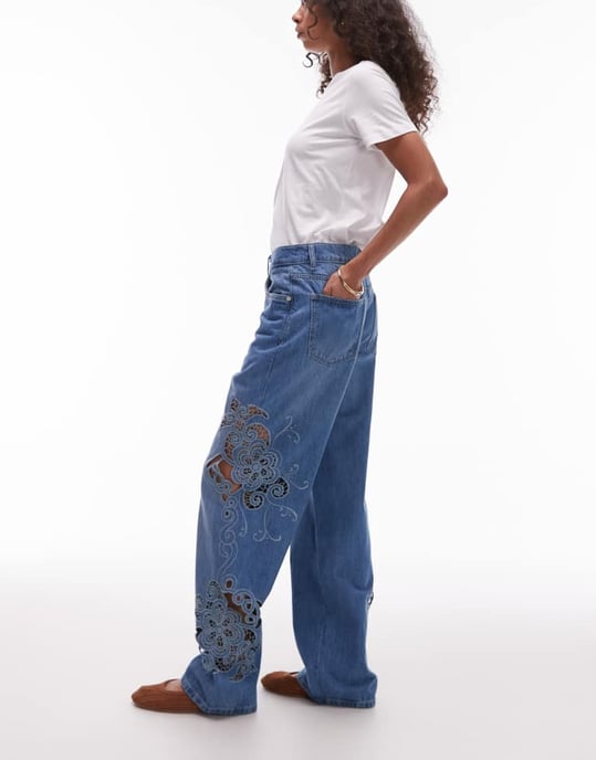 Topshop Kolumnmidja jeans med utskärningsdetaljer i mellanblå - Image 3