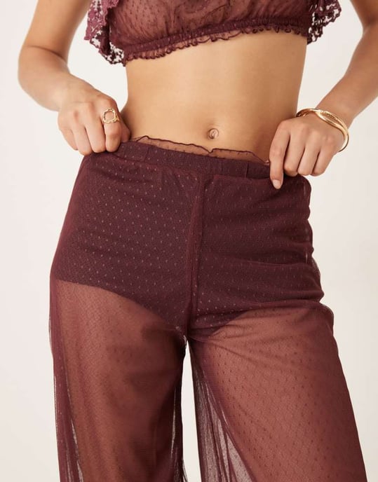 ASOS DESIGN koord transparent dobby-nätbyxor med spetsdetalj i bärfärg - Image 2