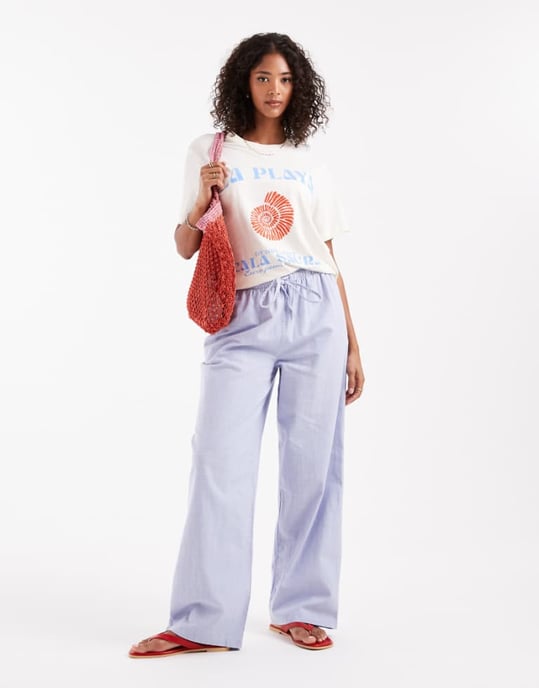 ASOS DESIGN linne-look byxor med resår i blått - Image 1