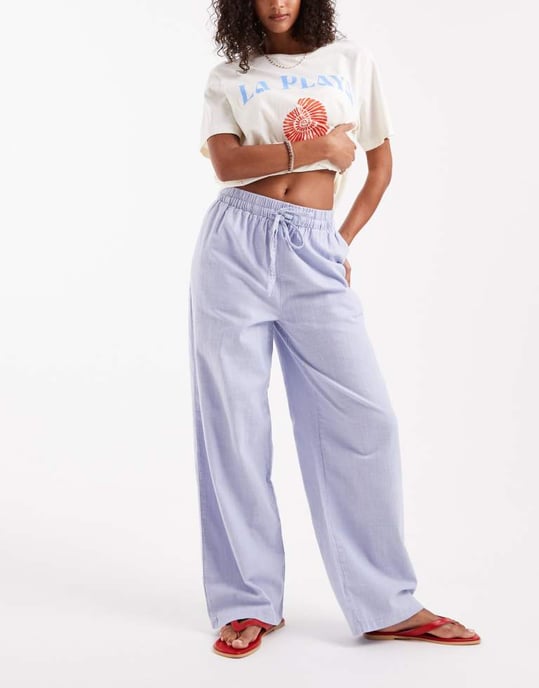 ASOS DESIGN linne-look byxor med resår i blått - Image 3