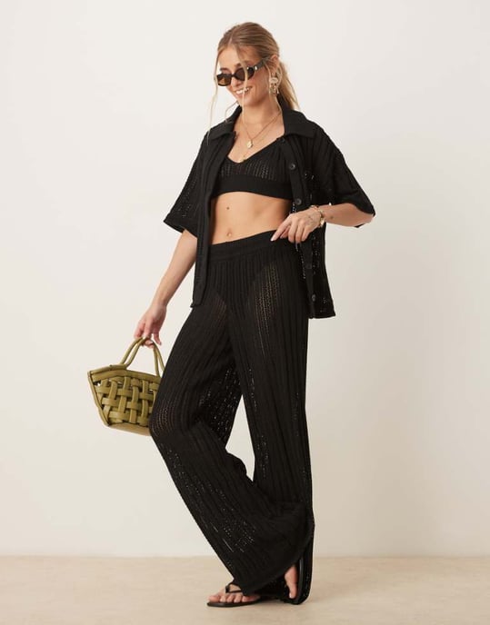 ASOS DESIGN pointelle palazzo-byxor set i svart - Image 1