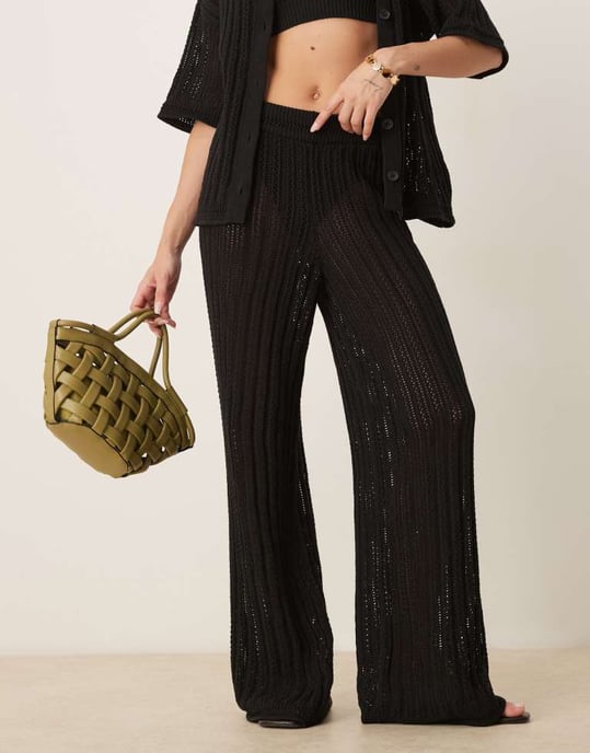ASOS DESIGN pointelle palazzo-byxor set i svart - Image 3