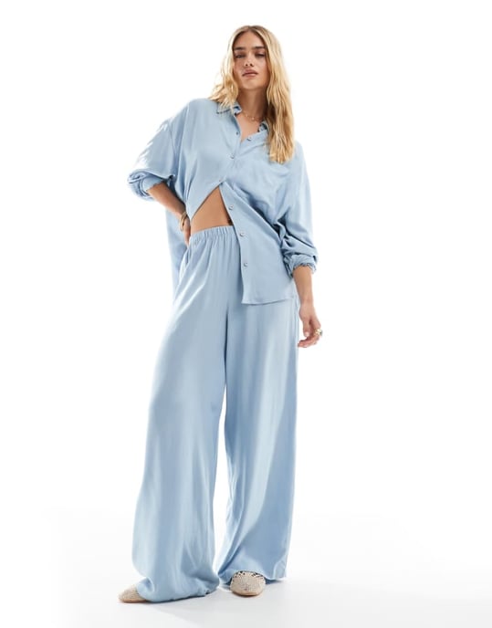 ASOS DESIGN linneblandning dragsko byxor i blått - Image 1
