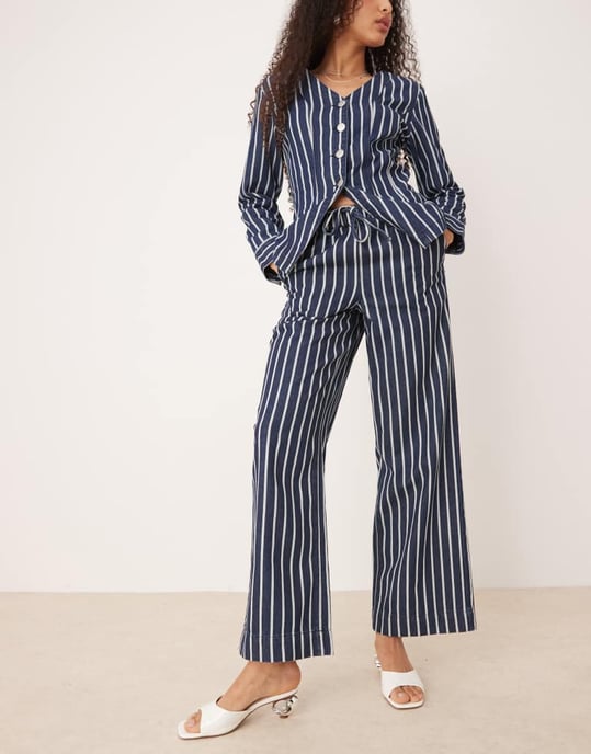 Glamorösa hög midja snörning raka ben byxor i blå denimrand - Image 2