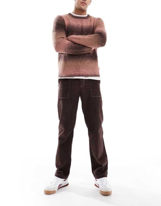 ASOS DESIGN raka benbyxor i kord med kontrastsöm i brunt - Image 4