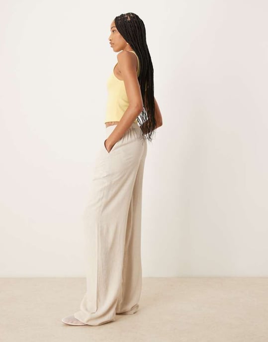 ASOS DESIGN Tall relaxed straight leg trousers with linen in stone - Image 3