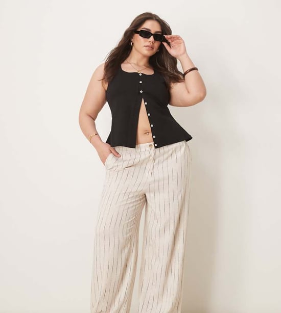 ASOS DESIGN Curve avslappnade raka byxor med linne i naturlig snurrrandig mönster - Image 1