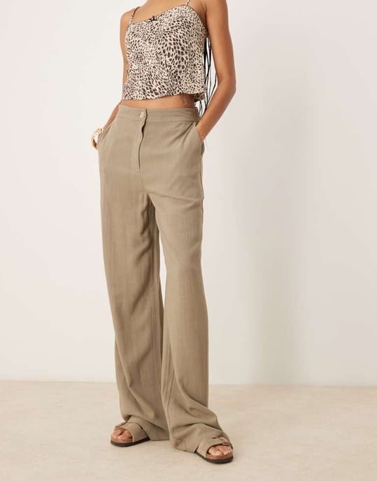 ASOS DESIGN Tall relaxed straight leg trousers with linen in khaki - Image 2