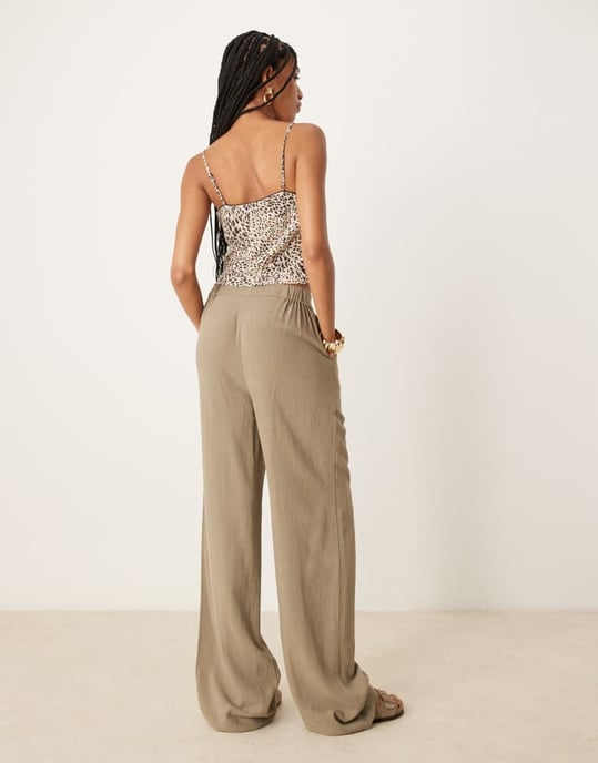 ASOS DESIGN Tall relaxed straight leg trousers with linen in khaki - Image 3