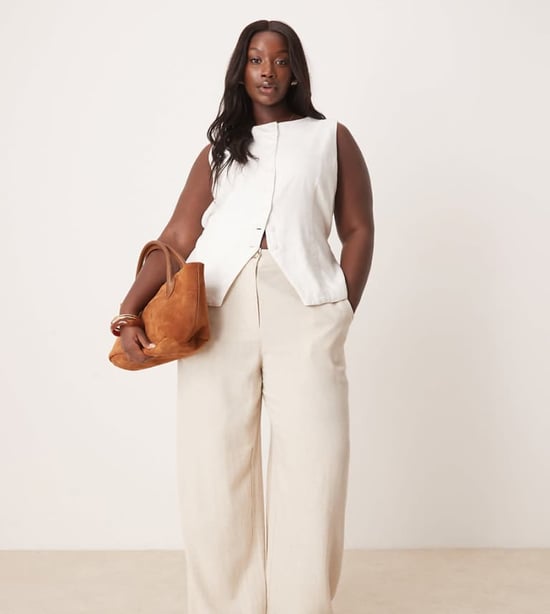 ASOS DESIGN Curve relaxed straight leg trousers with linen in stone - Image 1