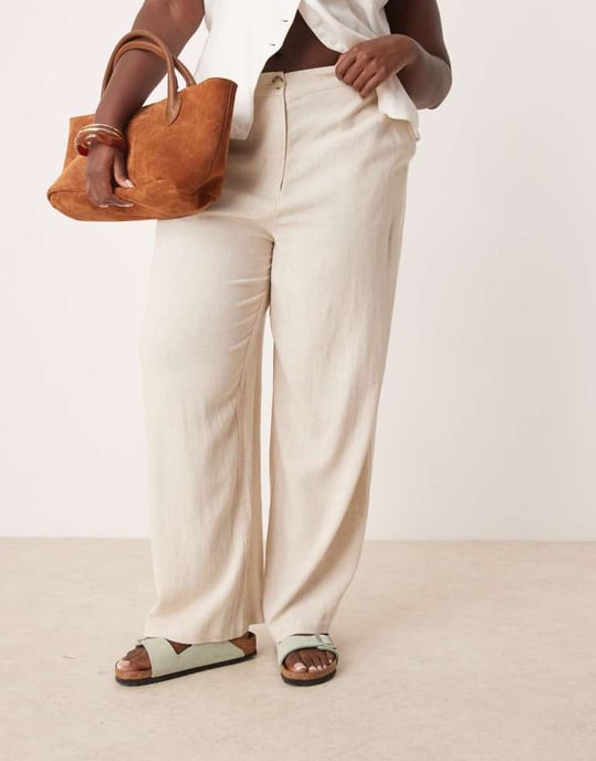 ASOS DESIGN Curve relaxed straight leg trousers with linen in stone - Image 2