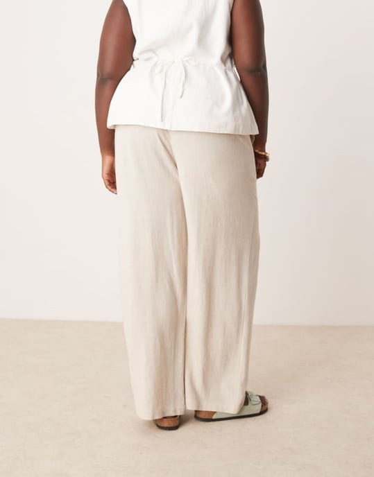 ASOS DESIGN Curve relaxed straight leg trousers with linen in stone - Image 3