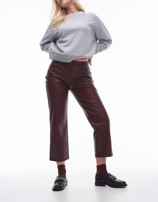 Topshop Hourglass ankle grazer straight leg faux leather trouser in burgundy - Image 1