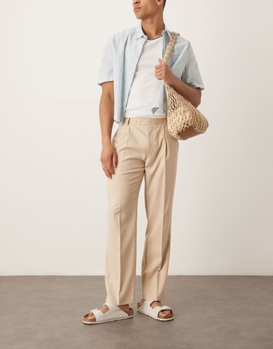ASOS DESIGN smart tapered crosshatch-texturerade byxor med framfåll i beige - Image 1