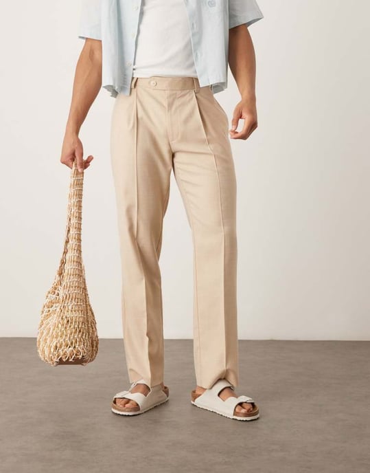 ASOS DESIGN smart tapered crosshatch-texturerade byxor med framfåll i beige - Image 4