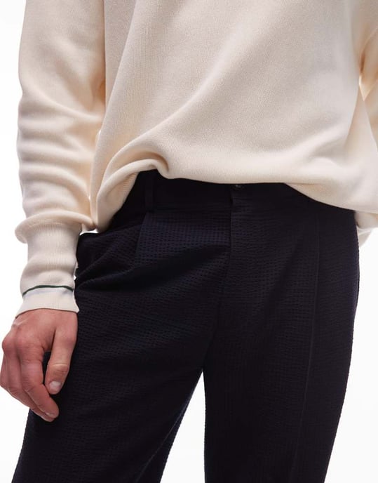 Topman seersucker tapered byxor i marinblå - Image 3