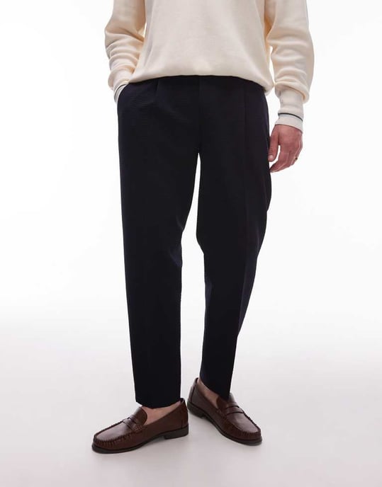 Topman seersucker tapered byxor i marinblå - Image 4