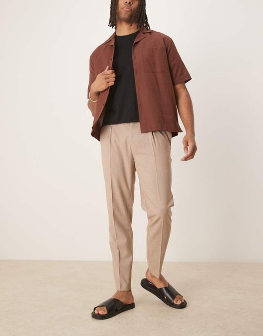 ASOS DESIGN smart tapered byxor med framfickor i sten melange - Image 2