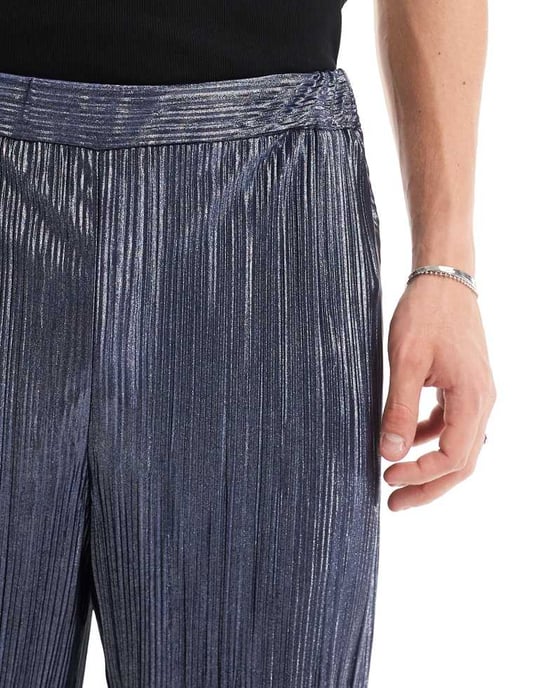 ASOS DESIGN smart tapered trouser in blue metallic plisse - Image 3
