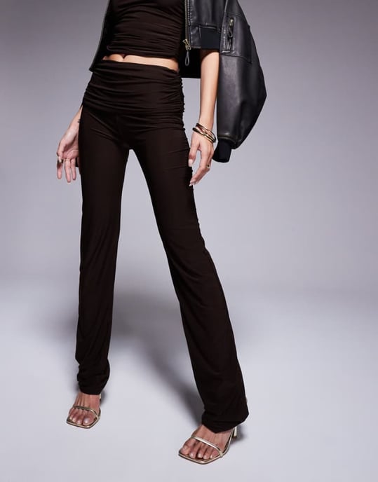 Kaiia exclusive double layered slinky folded waist flared trousers co-ord in chocolate brown - Image 1