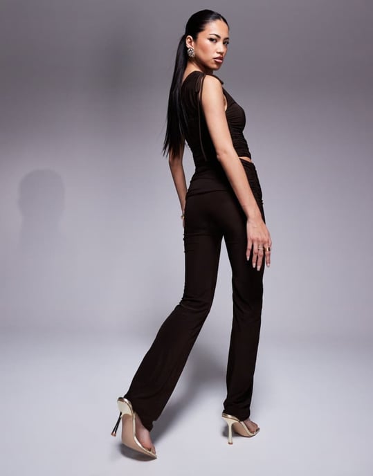 Kaiia exclusive double layered slinky folded waist flared trousers co-ord in chocolate brown - Image 2