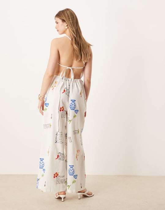 ASOS DESIGN ensidig öppen rygglinne jumpsuit i konversativt mönster - Image 4